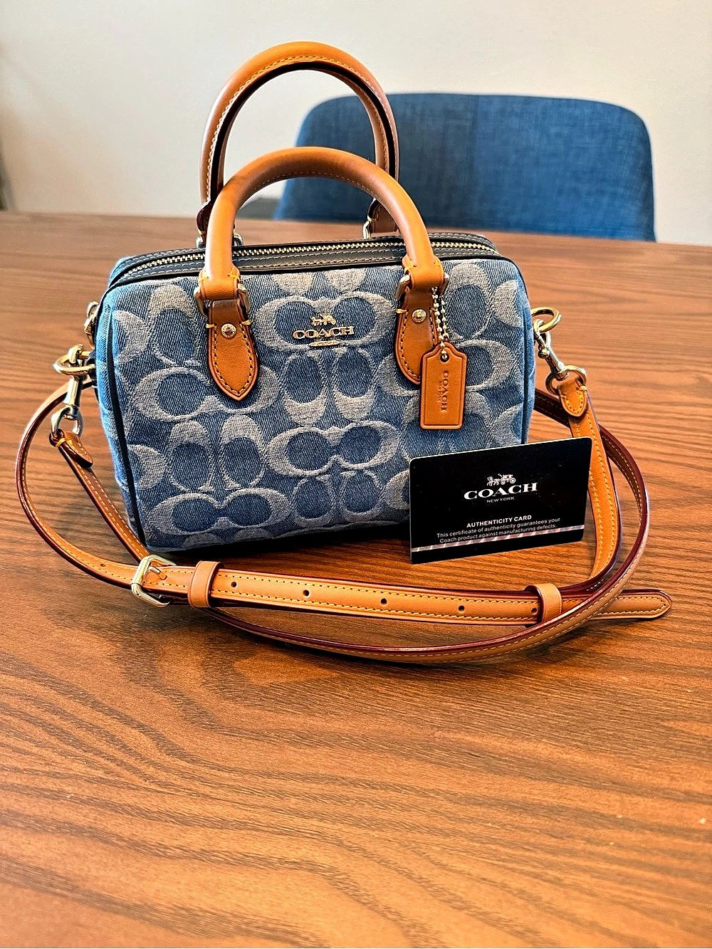 Coach Mini Rowan Crossbody Bag in Signature Denim Blue & Brown